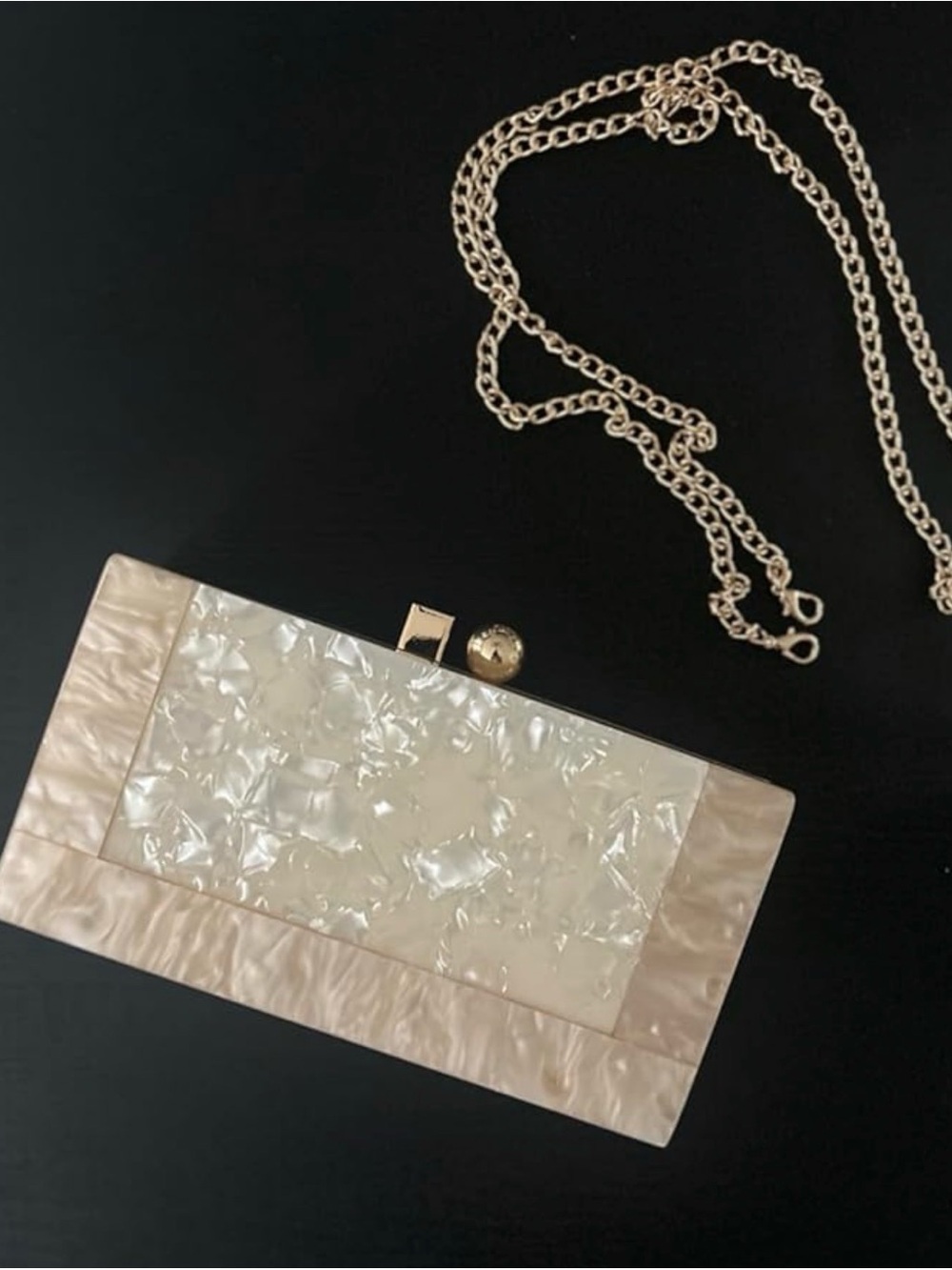 Pearl-Effect Rectangular Clutch with Chain Strap